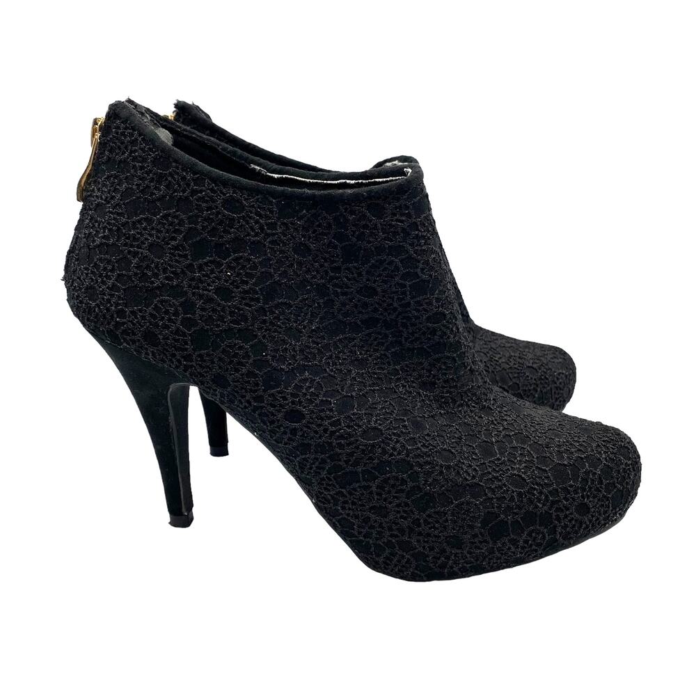 Maurices Black Lace Booties 7 Stiletto Heels Almond Toe Ankle Boots Zip Back